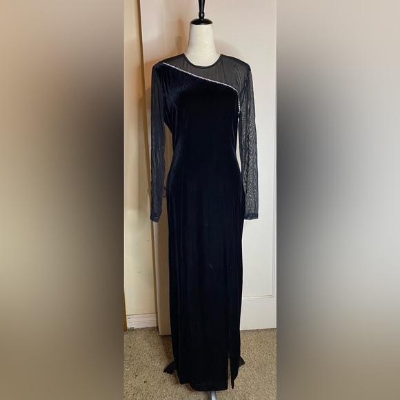 Vintage 90’s Velvet Maxi Dress Mesh Long Sleeves with Side Slit barbiecore noir - Picture 2 of 8
